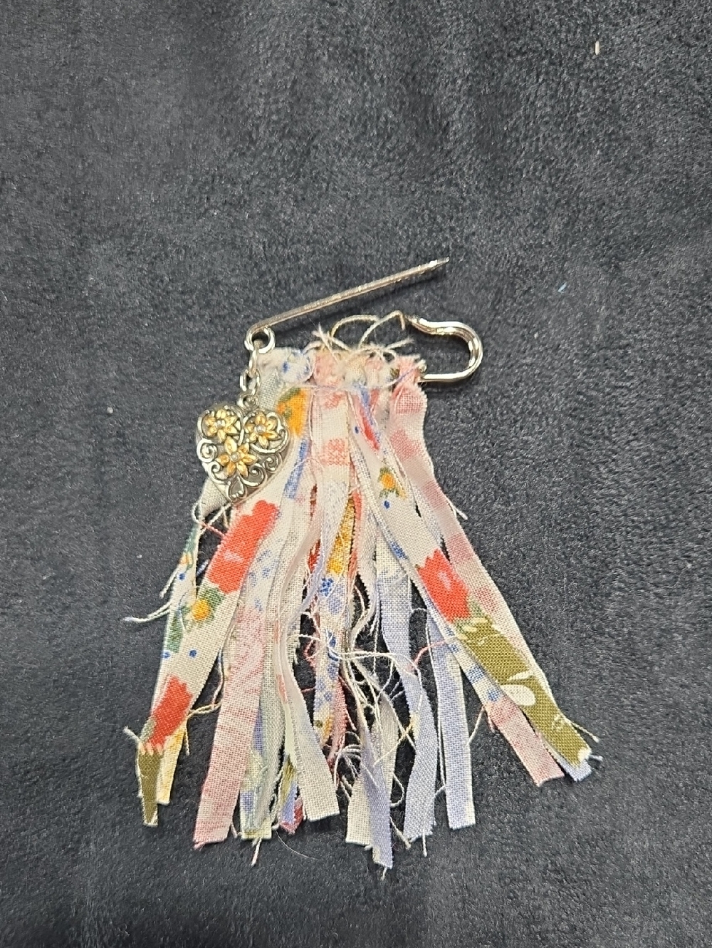 Floral Fabric Tassel Safety Pin Brooch with Heart Charm - Pastel Mix